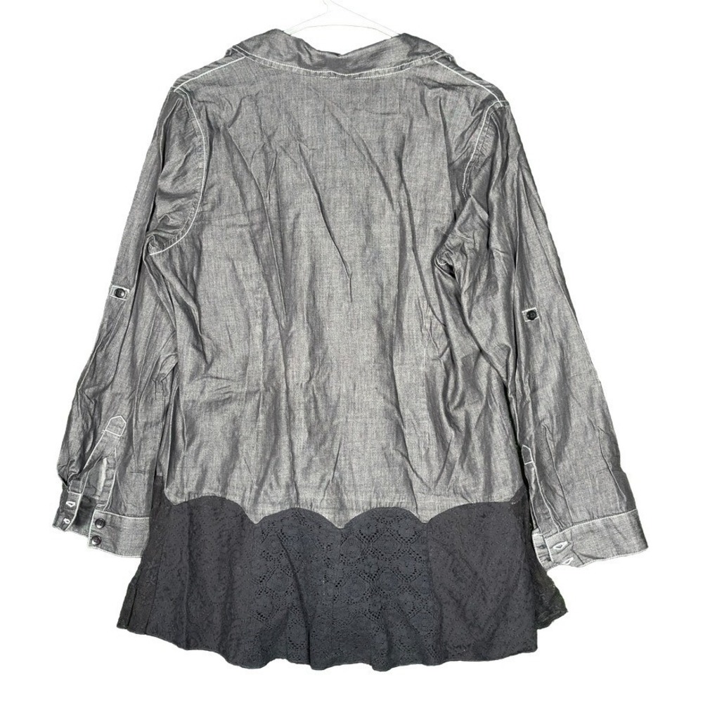 Bleu Bayou Womens Grey Embroidered Lace Button Down Peplum Top Sz M Grunge Boho - Picture 2 of 7